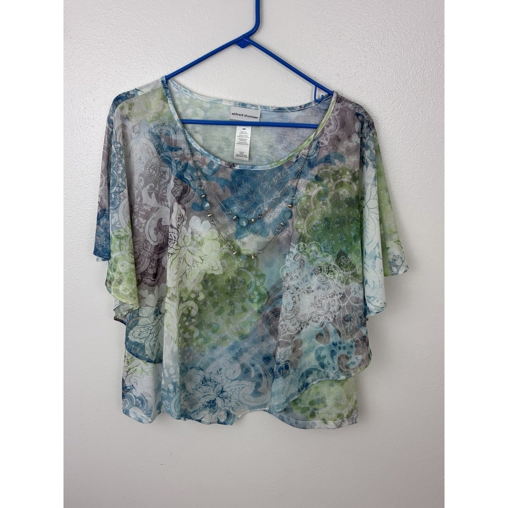 Alfred Dunner Floral Paisley Cape Overlay Blouse Poncho Top W/ Necklace 18P